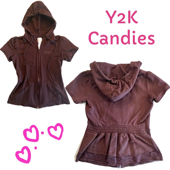 Candie's Y2K Elastic Ruffle Lace Back zip up short sleeved Hoodie Sz Medium - Picture 1 of 11